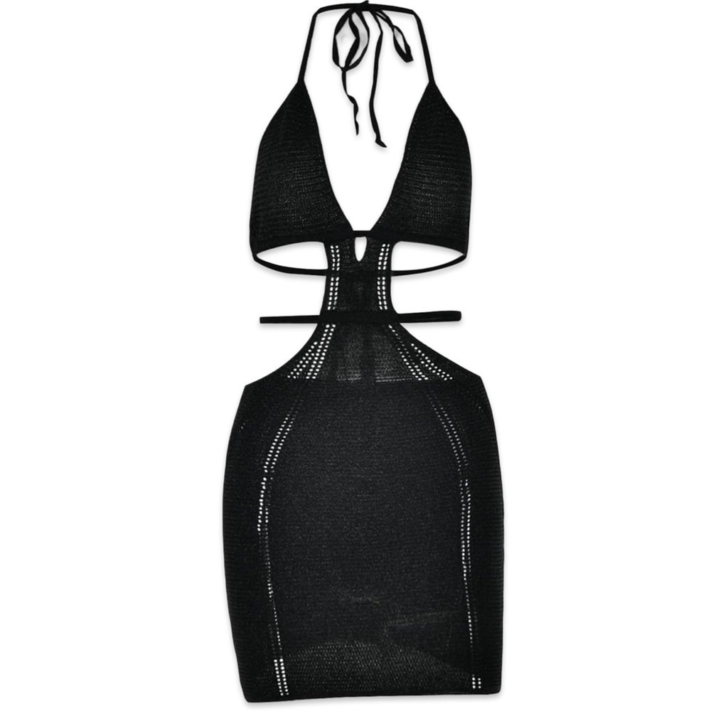 Black Halter Cutout Crochet Knit Mini Dress | Small | NWOT bl - Picture 2 of 5